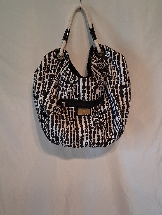 Trina Turk Handbags - Trina Turk Black & White Dot-Stripe Rope-Handle Shoulder Bag